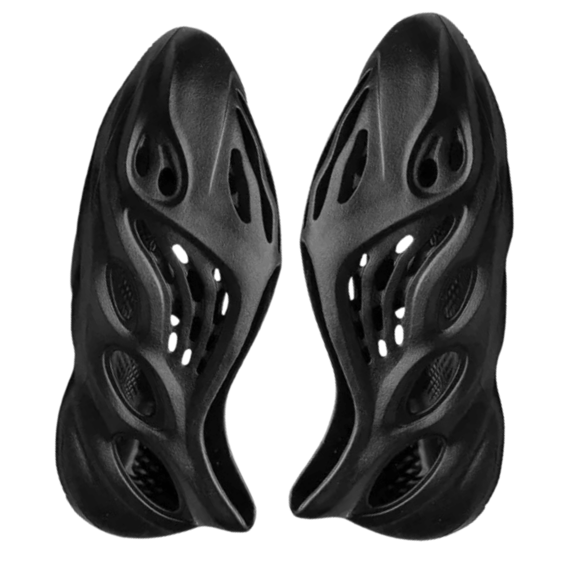 Pair of black shoe inserts with unique design on a transparent background