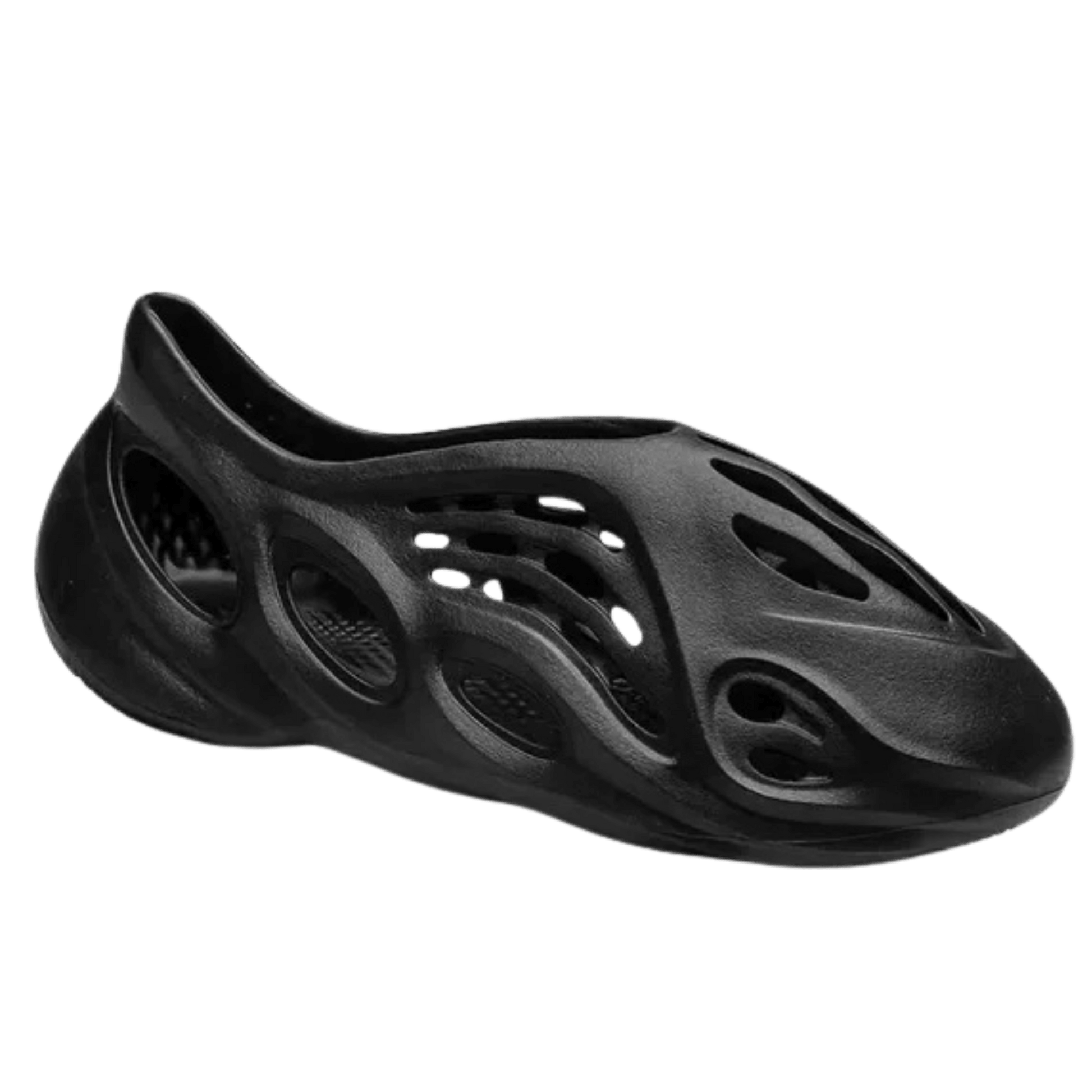 Black sandal with unique sole design on a white background
