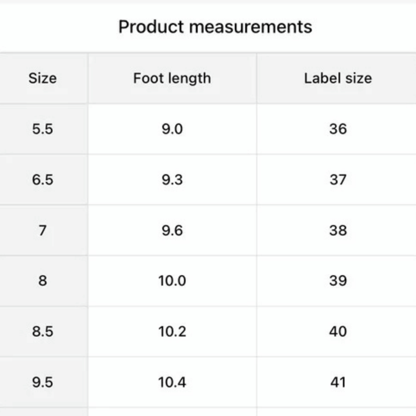 Table showing product measurements including size, foot length, and label size.