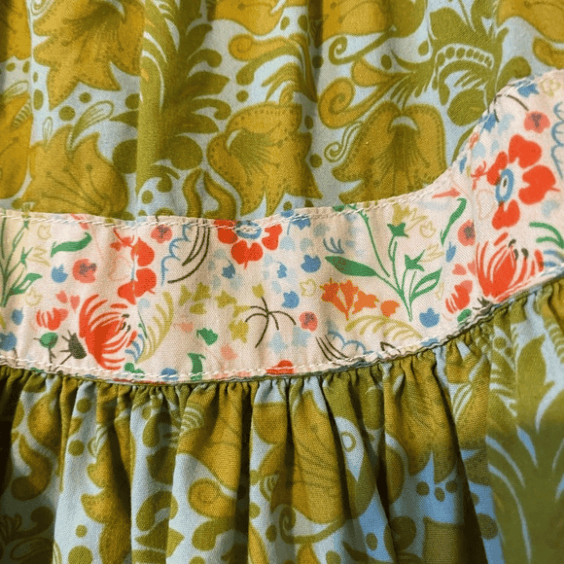 Close-up of a dress with floral patterns and ruffled hem