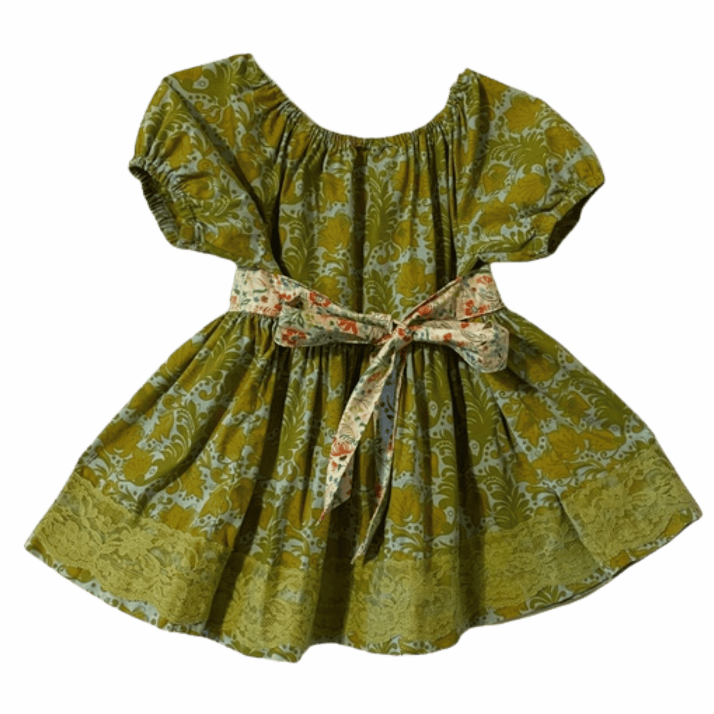 Green floral dress with a bow on a gray background