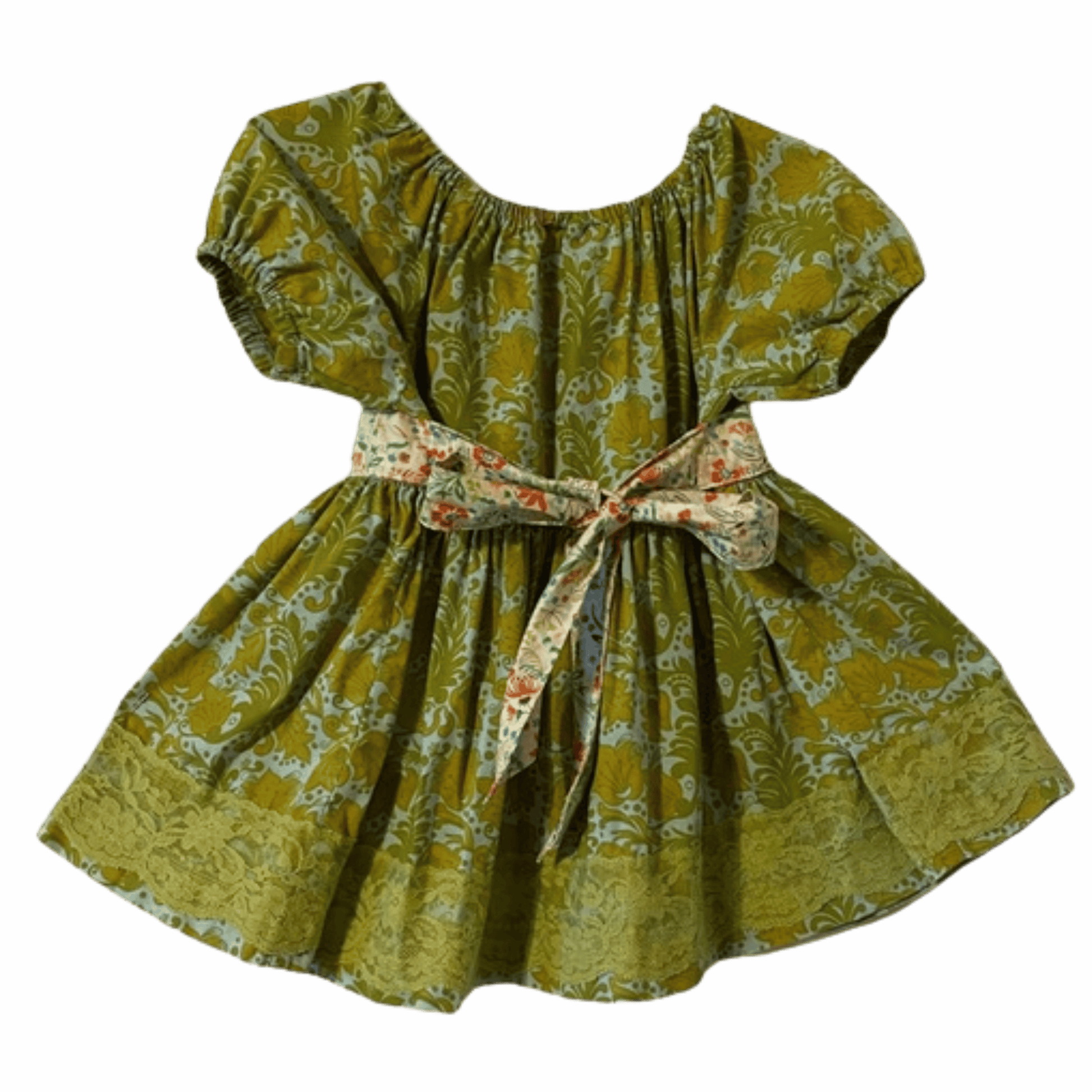 Green floral dress with a bow on a gray background