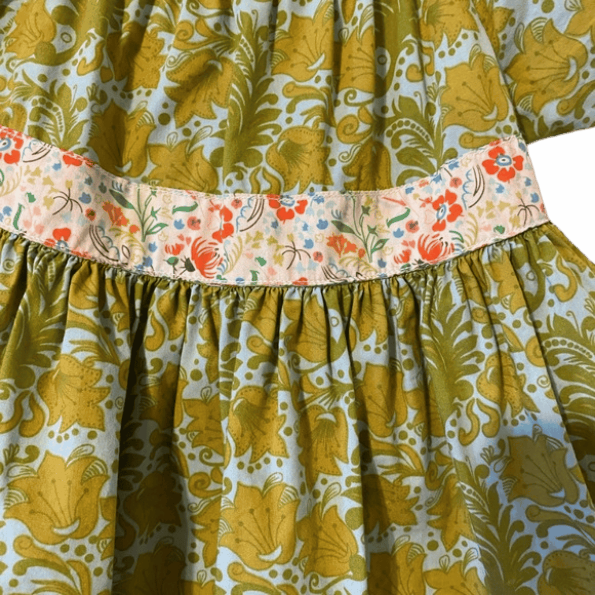 Floral dress with a yellow and white pattern on a plain background