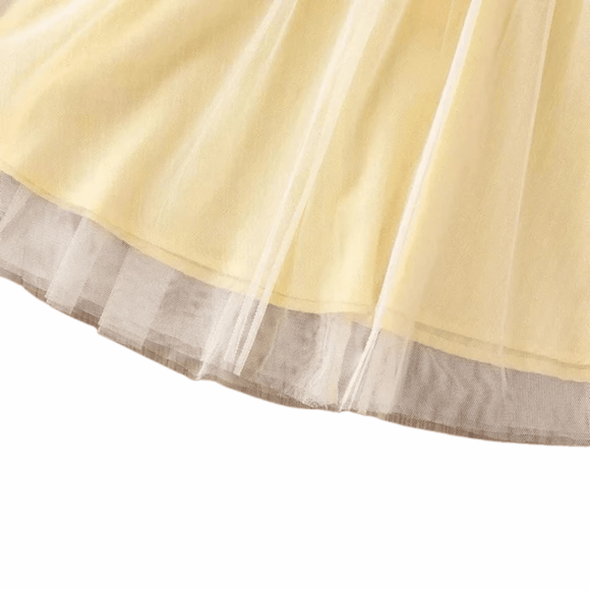 Close-up of a yellow skirt with a black and white trim on a black background