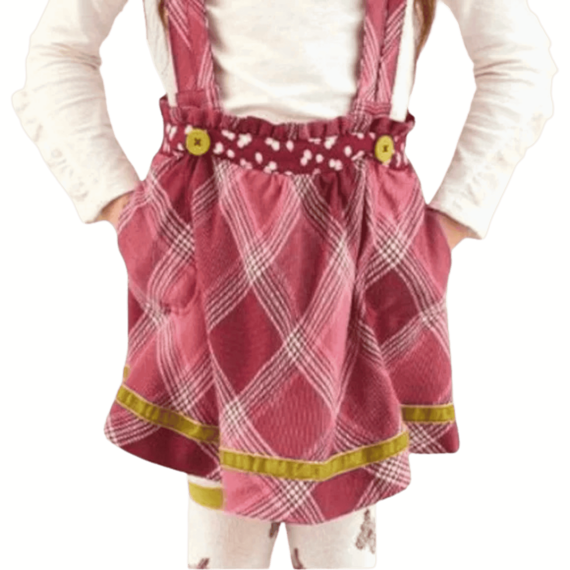 Red plaid dress with suspenders on a yellow background